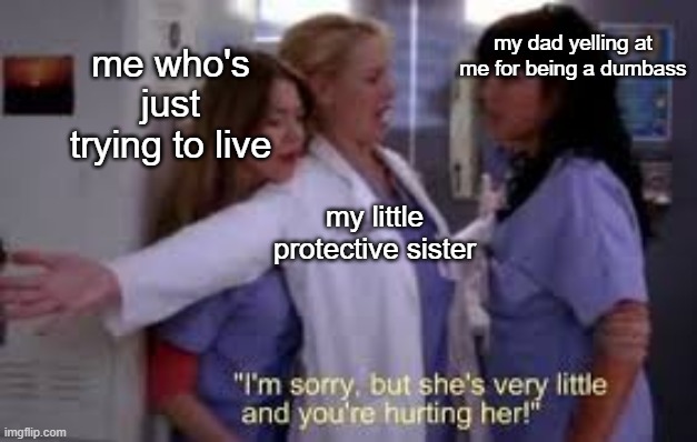 me who's just trying to live; my dad yelling at me for being a dumbass; my little protective sister | made w/ Imgflip meme maker