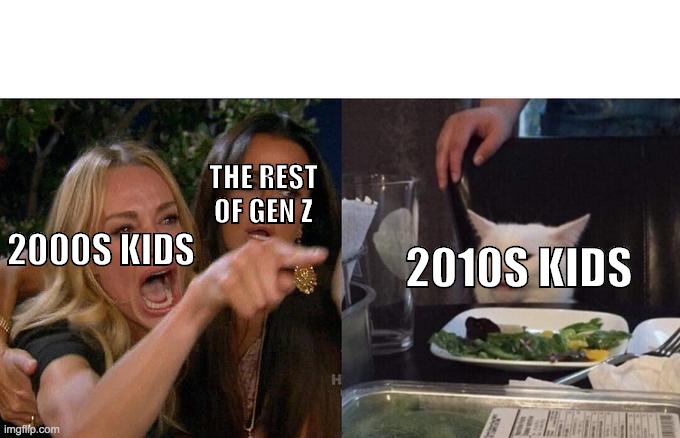 2000s kids gonna hate 2010s | THE REST OF GEN Z; 2000S KIDS; 2010S KIDS | image tagged in memes,woman yelling at cat,2000s,2010s,haters gonna hate | made w/ Imgflip meme maker