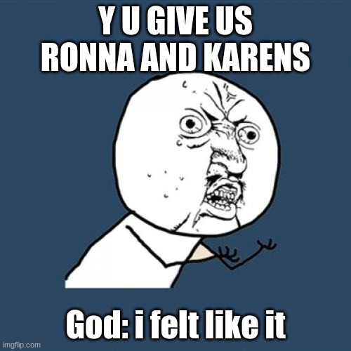 the 2020 experience | Y U GIVE US RONNA AND KARENS; God: i felt like it | image tagged in memes,y u no | made w/ Imgflip meme maker