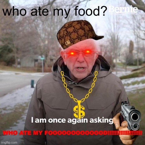 Bernie I Am Once Again Asking For Your Support | who ate my food? WHO ATE MY FOOOOOOOOOOOOD!!!!!!!!!!!!!!!!!!! | image tagged in memes,bernie i am once again asking for your support | made w/ Imgflip meme maker