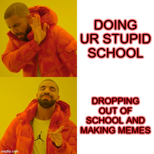 Drake Hotline Bling Meme | DOING UR STUPID SCHOOL; DROPPING OUT OF SCHOOL AND MAKING MEMES | image tagged in memes,drake hotline bling | made w/ Imgflip meme maker