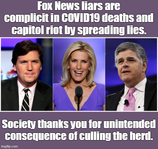 Culling the herd of undesirables by faux lies | Fox News liars are complicit in COVID19 deaths and capitol riot by spreading lies. Society thanks you for unintended consequence of culling the herd. | image tagged in divisive,known liars,complicit,power hungry,don't care about you,unpatriotic | made w/ Imgflip meme maker