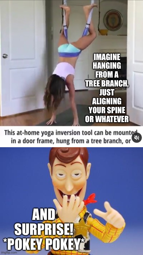 I dunno this dumb ad | IMAGINE HANGING FROM A TREE BRANCH, JUST ALIGNING YOUR SPINE OR WHATEVER; AND SURPRISE! *POKEY POKEY* | image tagged in creepy woody,yoga,adverts,cursed,advertisement,no thanks | made w/ Imgflip meme maker