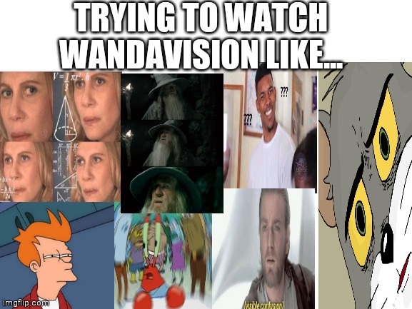 confused | TRYING TO WATCH WANDAVISION LIKE... | image tagged in blank white template,funny,marvel,memes,confused,wandavision | made w/ Imgflip meme maker