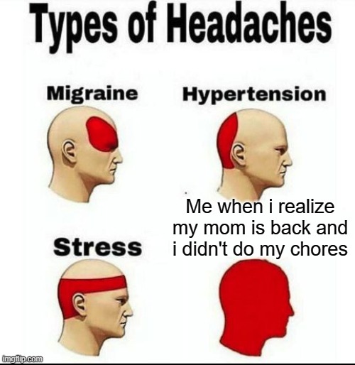 Types of Headaches meme | Me when i realize my mom is back and i didn't do my chores | image tagged in types of headaches meme | made w/ Imgflip meme maker