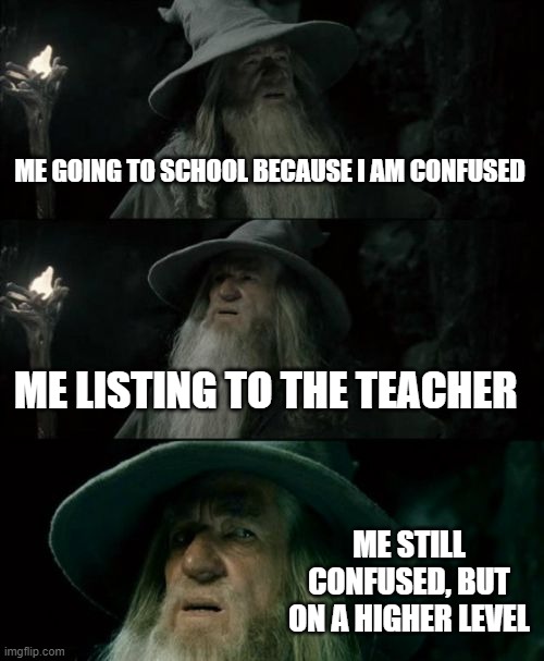 Confused Gandalf | ME GOING TO SCHOOL BECAUSE I AM CONFUSED; ME LISTING TO THE TEACHER; ME STILL CONFUSED, BUT ON A HIGHER LEVEL | image tagged in memes,confused gandalf | made w/ Imgflip meme maker