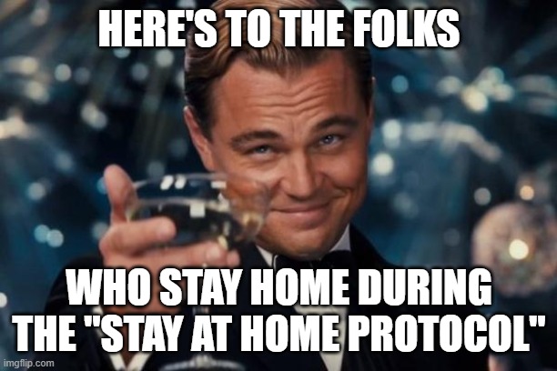 Leonardo Dicaprio Cheers Meme | HERE'S TO THE FOLKS WHO STAY HOME DURING THE "STAY AT HOME PROTOCOL" | image tagged in memes,leonardo dicaprio cheers | made w/ Imgflip meme maker