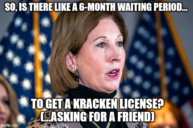 Sidney Powell Kracken License | SO, IS THERE LIKE A 6-MONTH WAITING PERIOD... TO GET A KRACKEN LICENSE?
(...ASKING FOR A FRIEND) | image tagged in kracken,sidney powell | made w/ Imgflip meme maker
