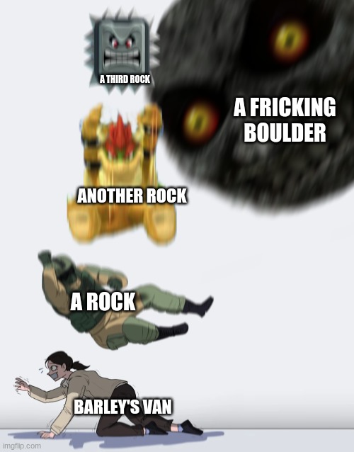 disney meme | A THIRD ROCK; A FRICKING BOULDER; ANOTHER ROCK; A ROCK; BARLEY'S VAN | image tagged in crushing combo | made w/ Imgflip meme maker