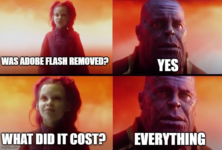 WAS ADOBE FLASH REMOVED? YES WHAT DID IT COST? EVERYTHING | made w/ Imgflip meme maker