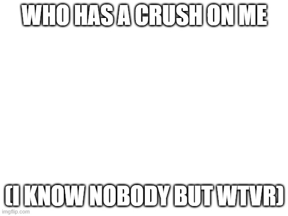 lol | WHO HAS A CRUSH ON ME; (I KNOW NOBODY BUT WTVR) | image tagged in blank white template | made w/ Imgflip meme maker