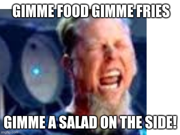 LOLOL | GIMME FOOD GIMME FRIES; GIMME A SALAD ON THE SIDE! | image tagged in heavy metal | made w/ Imgflip meme maker