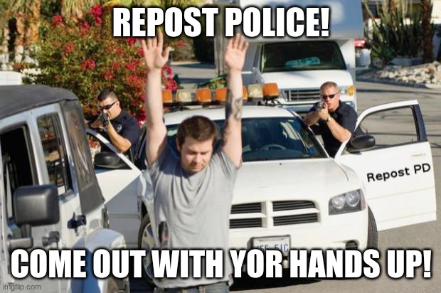 Repost Police | REPOST POLICE! COME OUT WITH YOR HANDS UP! | image tagged in repost police | made w/ Imgflip meme maker