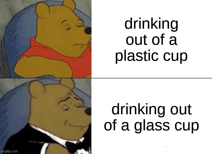 Tuxedo Winnie The Pooh | drinking out of a plastic cup; drinking out of a glass cup | image tagged in memes,tuxedo winnie the pooh | made w/ Imgflip meme maker