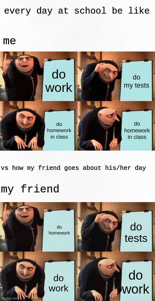 me vs my friends #1 | every day at school be like; me; do work; do my tests; do homework in class; do homework in class; vs how my friend goes about his/her day; my friend; do homework; do tests; do work; do work | image tagged in memes,gru's plan | made w/ Imgflip meme maker