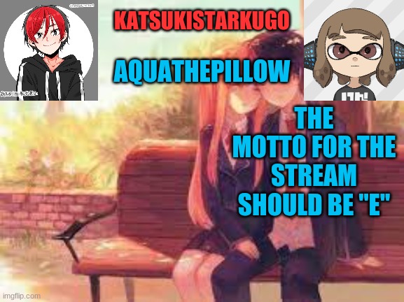 KatsukiStarkugoXAquathepillow | THE MOTTO FOR THE STREAM SHOULD BE "E" | image tagged in katsukistarkugoxaquathepillow | made w/ Imgflip meme maker