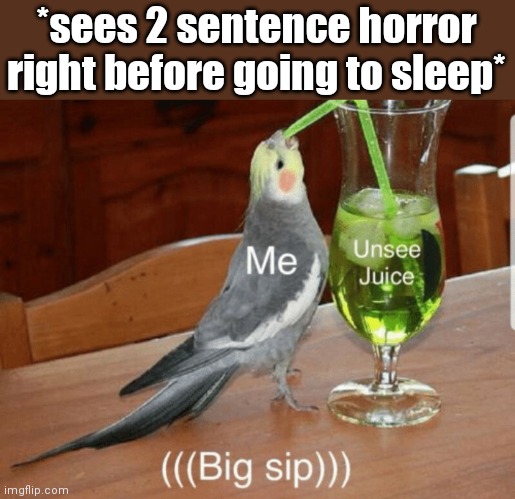 Unsee juice | *sees 2 sentence horror right before going to sleep* | image tagged in unsee juice | made w/ Imgflip meme maker