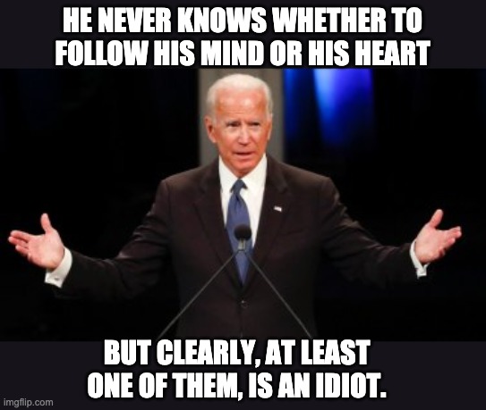 Mind or heart | HE NEVER KNOWS WHETHER TO FOLLOW HIS MIND OR HIS HEART; BUT CLEARLY, AT LEAST ONE OF THEM, IS AN IDIOT. | image tagged in uncle joe | made w/ Imgflip meme maker