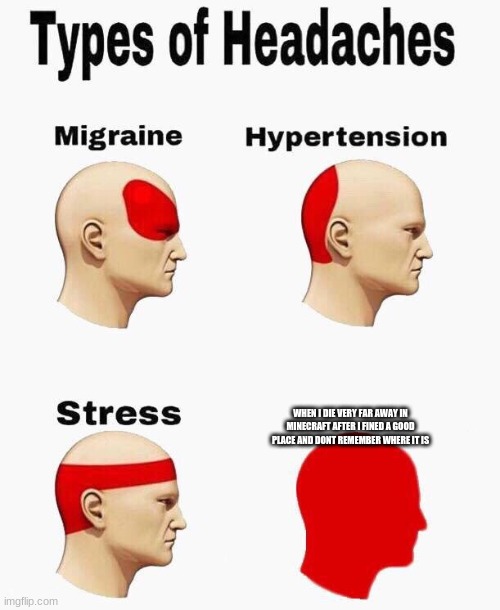 WHEN I DIE VERY FAR AWAY IN MINECRAFT AFTER I FINED A GOOD PLACE AND DONT REMEMBER WHERE IT IS | image tagged in types of headaches meme | made w/ Imgflip meme maker
