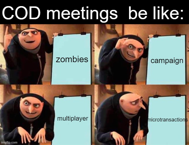 Gru's Plan | COD meetings  be like:; zombies; campaign; microtransactions; multiplayer | image tagged in memes,gru's plan | made w/ Imgflip meme maker