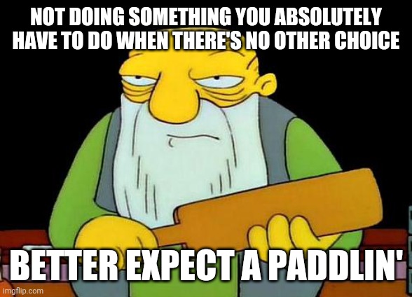 That's a paddlin' Meme | NOT DOING SOMETHING YOU ABSOLUTELY HAVE TO DO WHEN THERE'S NO OTHER CHOICE; BETTER EXPECT A PADDLIN' | image tagged in memes,that's a paddlin',life,real life | made w/ Imgflip meme maker