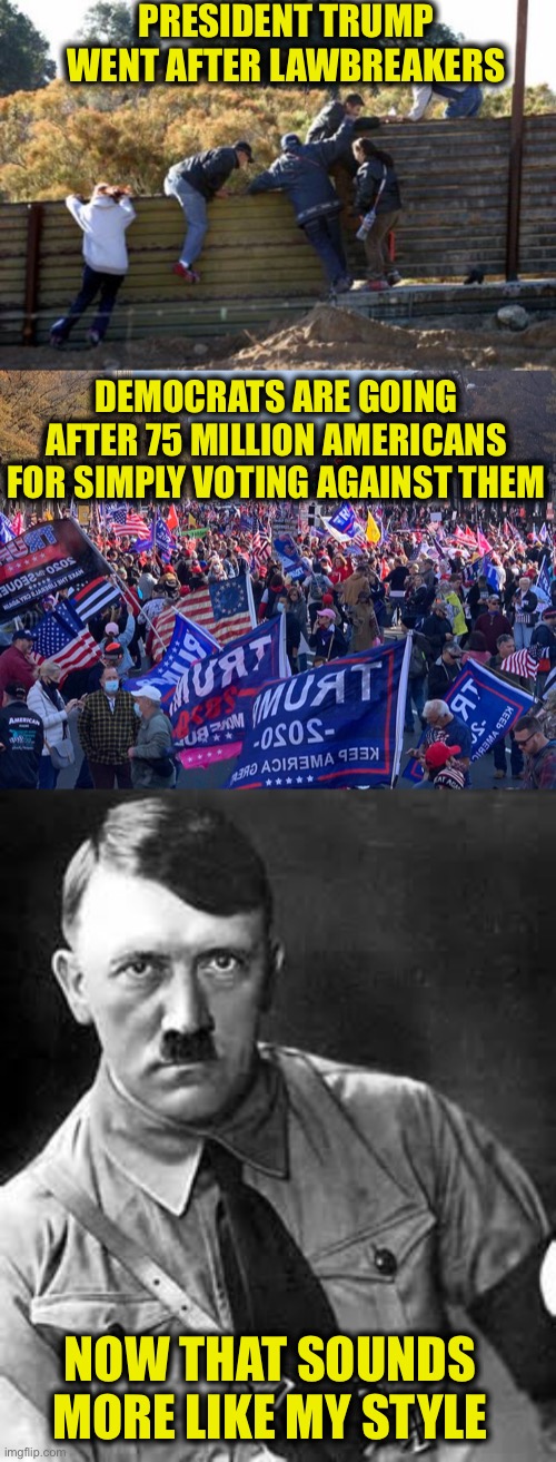 Democrats continue to be everything they claim to hate. | PRESIDENT TRUMP WENT AFTER LAWBREAKERS; DEMOCRATS ARE GOING AFTER 75 MILLION AMERICANS FOR SIMPLY VOTING AGAINST THEM; NOW THAT SOUNDS MORE LIKE MY STYLE | image tagged in adolf hitler,democrats,nazis,trump supporters,memes,democratic party | made w/ Imgflip meme maker