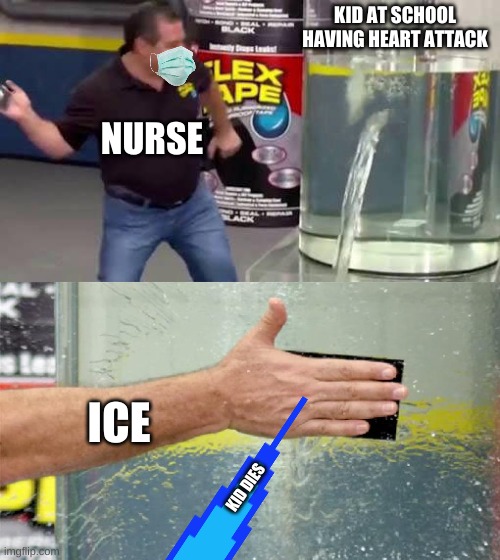 Flex Tape | KID AT SCHOOL HAVING HEART ATTACK; NURSE; ICE; KID DIES | image tagged in flex tape | made w/ Imgflip meme maker