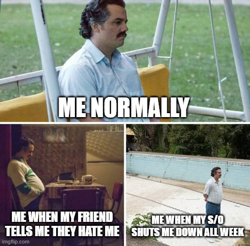 Sad Pablo Escobar | ME NORMALLY; ME WHEN MY FRIEND TELLS ME THEY HATE ME; ME WHEN MY S/O SHUTS ME DOWN ALL WEEK | image tagged in memes,sad pablo escobar | made w/ Imgflip meme maker