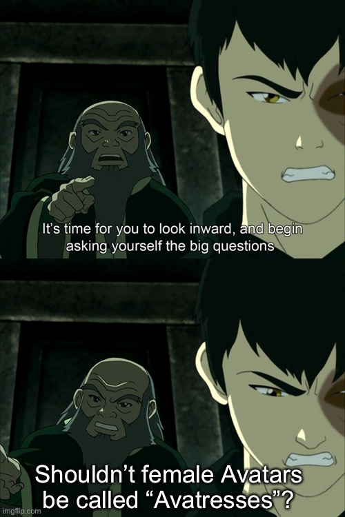 It's Time To Start Asking Yourself The Big Questions Meme | Shouldn’t female Avatars be called “Avatresses”? | image tagged in it's time to start asking yourself the big questions meme,avatar the last airbender | made w/ Imgflip meme maker