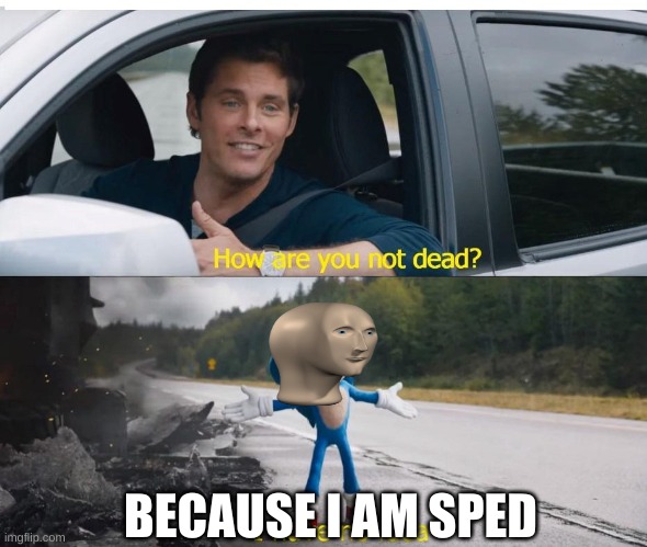 i am sped | BECAUSE I AM SPED | image tagged in sonic how are you not dead | made w/ Imgflip meme maker