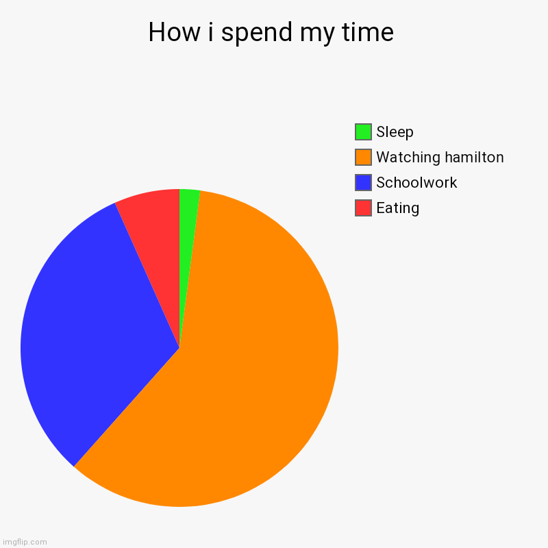 This is so true | How i spend my time | Eating, Schoolwork, Watching hamilton, Sleep | image tagged in charts,pie charts | made w/ Imgflip chart maker