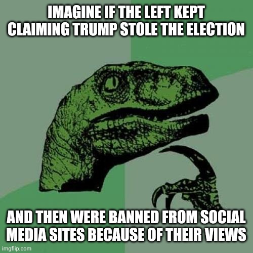 How much you want to bet it would suddenly become "un American" and "a violation of free speech?" Hypocrites! | IMAGINE IF THE LEFT KEPT CLAIMING TRUMP STOLE THE ELECTION; AND THEN WERE BANNED FROM SOCIAL MEDIA SITES BECAUSE OF THEIR VIEWS | image tagged in memes,philosoraptor | made w/ Imgflip meme maker