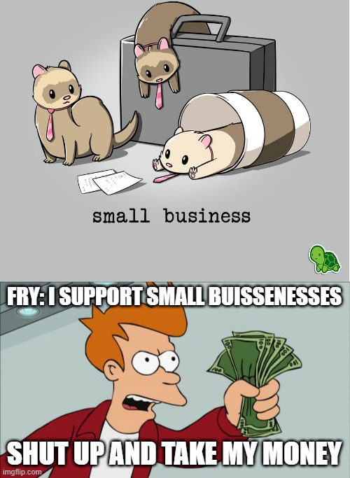 FRY: I SUPPORT SMALL BUISSENESSES; SHUT UP AND TAKE MY MONEY | image tagged in memes,shut up and take my money fry | made w/ Imgflip meme maker