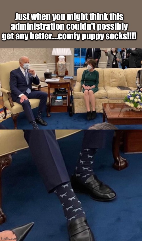 Joe Biden Socks | Just when you might think this administration couldn't possibly get any better....comfy puppy socks!!!! | image tagged in joe biden,president,puppy,socks | made w/ Imgflip meme maker