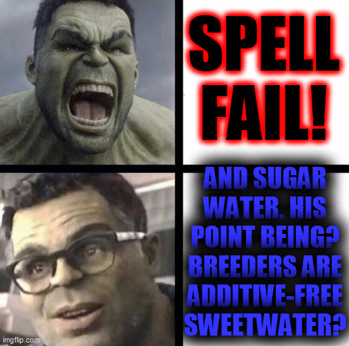 Professor Hulk | SPELL
FAIL! AND SUGAR
WATER. HIS
POINT BEING?
BREEDERS ARE
ADDITIVE-FREE
SWEETWATER? | image tagged in professor hulk | made w/ Imgflip meme maker