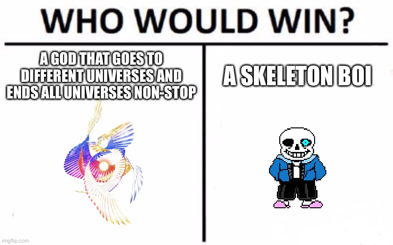 I guess sans? | A GOD THAT GOES TO DIFFERENT UNIVERSES AND ENDS ALL UNIVERSES NON-STOP; A SKELETON BOI | image tagged in memes,who would win | made w/ Imgflip meme maker