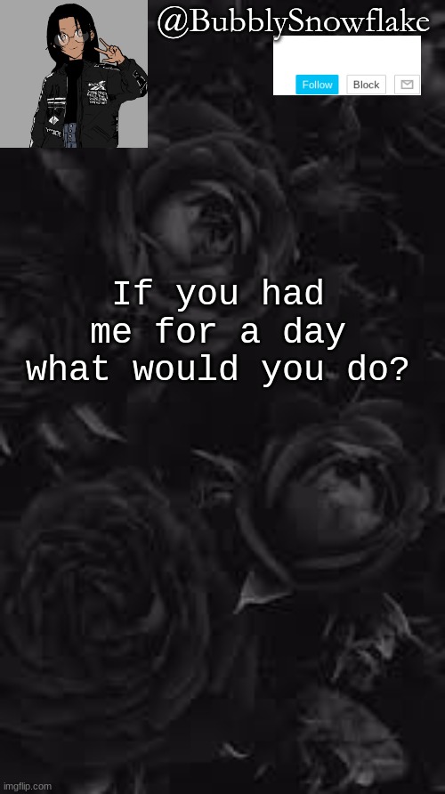 What would you do | @BubblySnowflake; If you had me for a day what would you do? | made w/ Imgflip meme maker