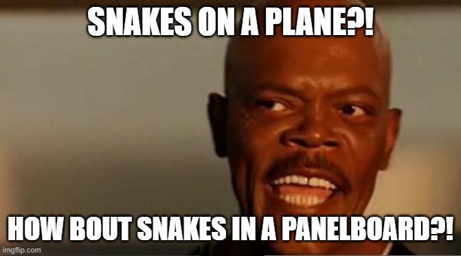 Snakes on the Plane Samuel L Jackson | SNAKES ON A PLANE?! HOW BOUT SNAKES IN A PANELBOARD?! | image tagged in snakes on the plane samuel l jackson | made w/ Imgflip meme maker