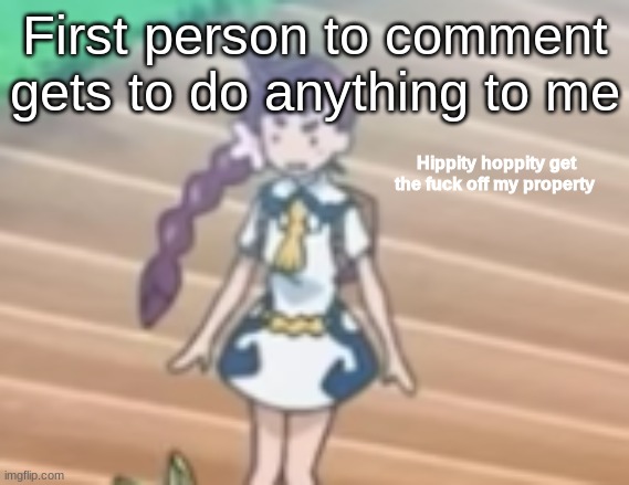 Hippity Hoppity get off my property | First person to comment gets to do anything to me | image tagged in hippity hoppity get off my property | made w/ Imgflip meme maker