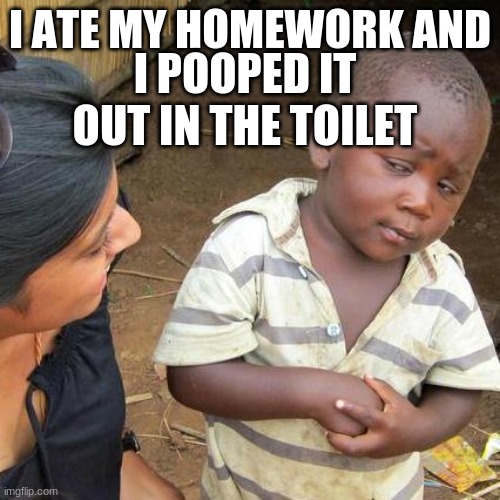Third World Skeptical Kid | I ATE MY HOMEWORK AND; I POOPED IT OUT IN THE TOILET | image tagged in memes,third world skeptical kid | made w/ Imgflip meme maker