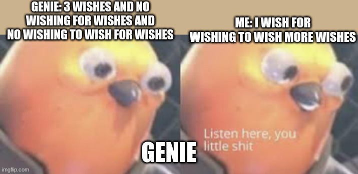 3 part | GENIE: 3 WISHES AND NO WISHING FOR WISHES AND NO WISHING TO WISH FOR WISHES; ME: I WISH FOR WISHING TO WISH MORE WISHES; GENIE | image tagged in listen here you little shit bird | made w/ Imgflip meme maker