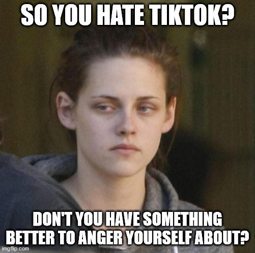 Underly Attached Girlfriend | SO YOU HATE TIKTOK? DON'T YOU HAVE SOMETHING BETTER TO ANGER YOURSELF ABOUT? | image tagged in underly attached girlfriend | made w/ Imgflip meme maker