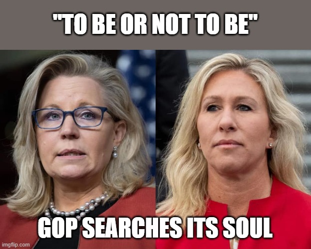 GOP looks to Hamlet for how to handle problematic House reps | "TO BE OR NOT TO BE"; GOP SEARCHES ITS SOUL | image tagged in liz cheney,marjorie taylor greene,gop rep,ethics,principles | made w/ Imgflip meme maker