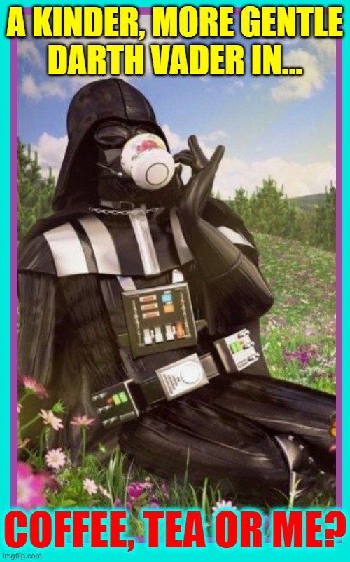 Under the name "Garth Gator" at Match.com | A KINDER, MORE GENTLE
DARTH VADER IN... COFFEE, TEA OR ME? | image tagged in vince vance,darth vader,drinking tea,coffee,spring flowers,memes | made w/ Imgflip meme maker