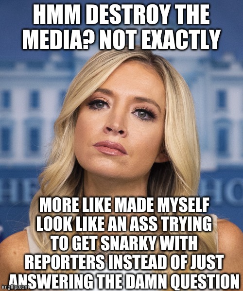 Kayleigh Mcenany | HMM DESTROY THE MEDIA? NOT EXACTLY MORE LIKE MADE MYSELF LOOK LIKE AN ASS TRYING TO GET SNARKY WITH REPORTERS INSTEAD OF JUST ANSWERING THE  | image tagged in kayleigh mcenany | made w/ Imgflip meme maker
