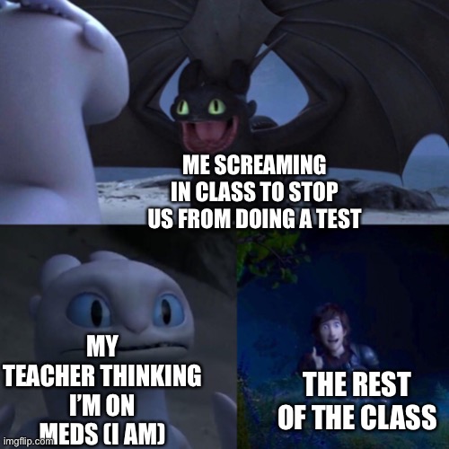 This is an image title | ME SCREAMING IN CLASS TO STOP US FROM DOING A TEST; MY TEACHER THINKING I’M ON MEDS (I AM); THE REST OF THE CLASS | image tagged in this is an image tag | made w/ Imgflip meme maker
