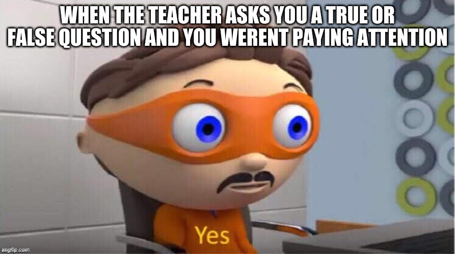 Me | WHEN THE TEACHER ASKS YOU A TRUE OR FALSE QUESTION AND YOU WERENT PAYING ATTENTION | image tagged in protegent yes | made w/ Imgflip meme maker