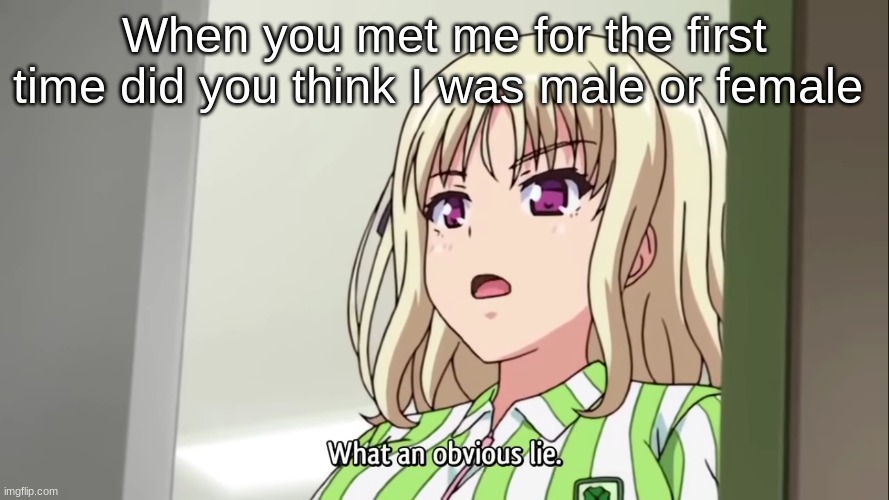 o r n o n b i a n a r y | When you met me for the first time did you think I was male or female | image tagged in what an obvious lie | made w/ Imgflip meme maker