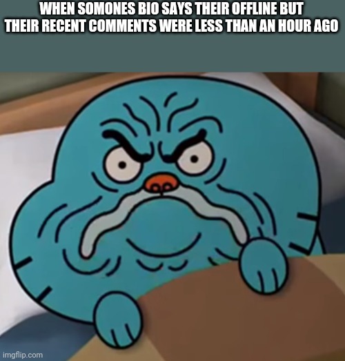 Image Title | WHEN SOMONES BIO SAYS THEIR OFFLINE BUT THEIR RECENT COMMENTS WERE LESS THAN AN HOUR AGO | image tagged in ok,this is the last gumball meme,for the next few seconds,lol | made w/ Imgflip meme maker