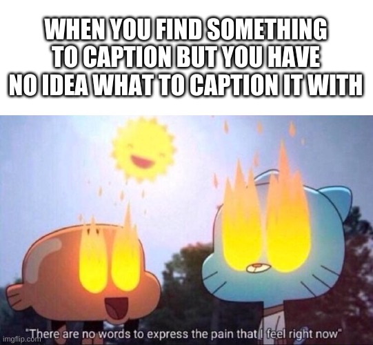 true story | WHEN YOU FIND SOMETHING TO CAPTION BUT YOU HAVE NO IDEA WHAT TO CAPTION IT WITH | image tagged in memes,funny,the amazing world of gumball,pain,bruh | made w/ Imgflip meme maker